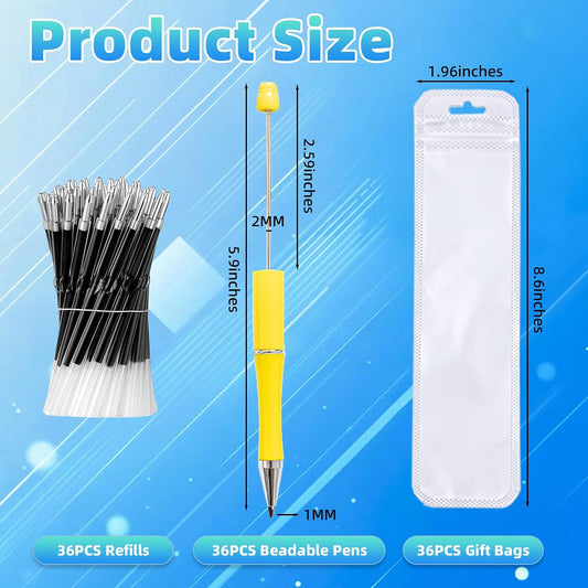 108 Pieces DIY Beadable Pen Bulk Kit – 36PCS Ballpoint Pens with Refills & Bags – Beaded Pens for DIY Crafting – Beads Pens Supplies, Pen Making Kit, Beadable Items, Teacher Accessories (Yellow)