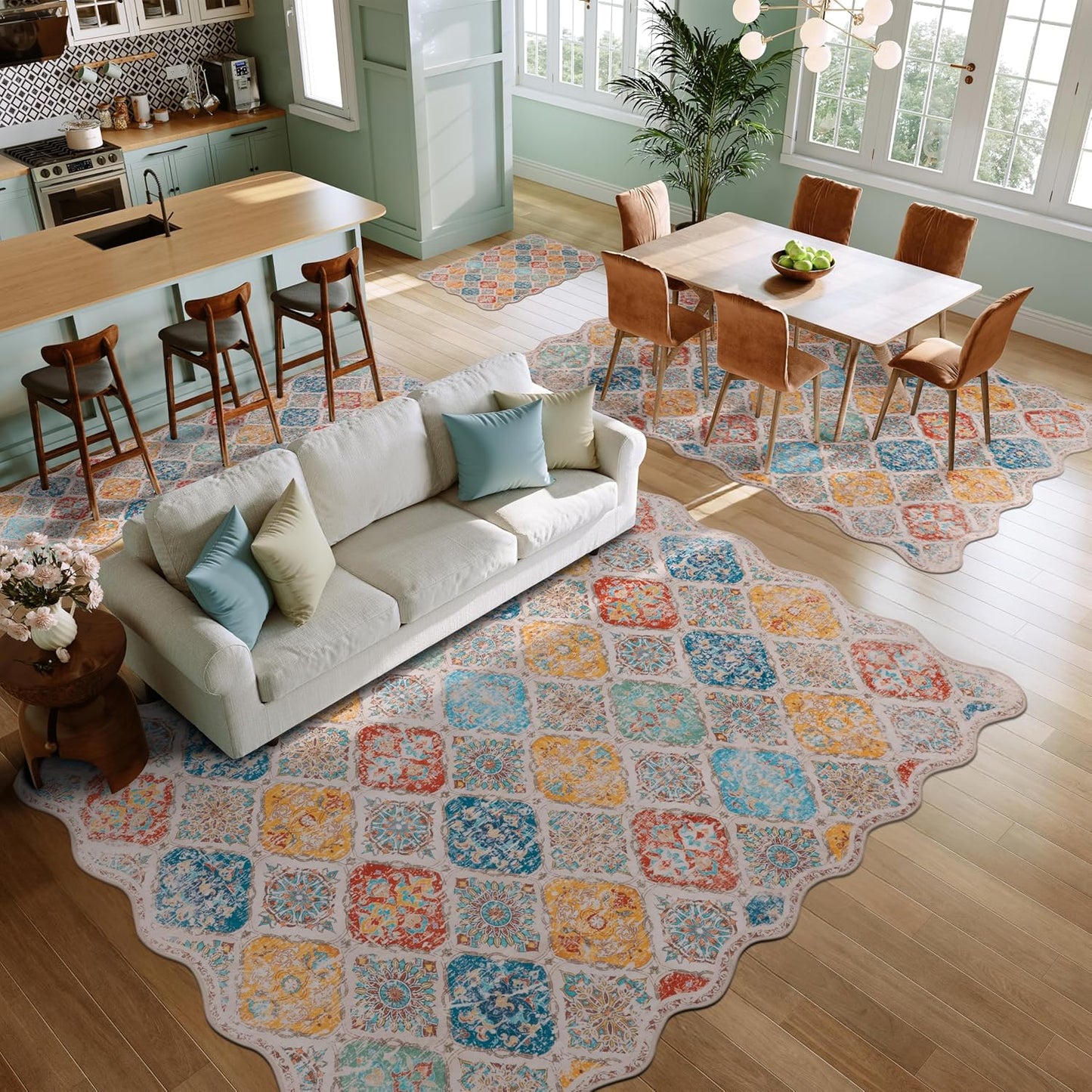 Moroccan 5x7 Area Rug, Unique Scalloped Ultra-Thin Soft Washable Rug, Non-Slip Stain Resistant Lightweight Low-Pile Carpet for Living Room Bedroom Dining Room Office (Yellow Grey)