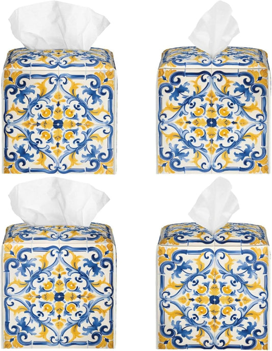 Tissue Box Cover Yellow Blue Ornament Tiles Square PU Leather Tissue Box Holder for Car Bathroom Bedroom Desk Tabletop Decor