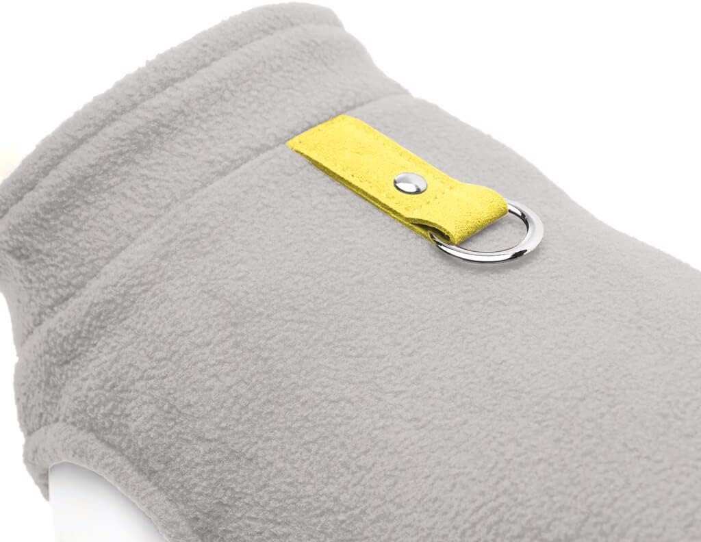 Fleece Vest Dog Sweater, Gray/Yellow, X-Small | Soft warm fleece; Pullover, easy on/off (no zippers); O-ring leash attachment; Machine washable