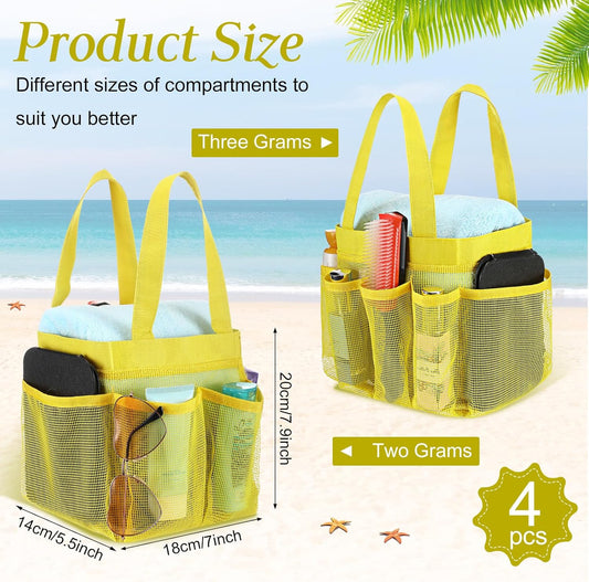 4 Packs Mesh Large Shower Caddy Portable with 8 Pockets and Handles Quick Dry Shower Bags Hanging Bath Bag Dorm Room College Essentials for Bathroom Gym Camp(Yellow)