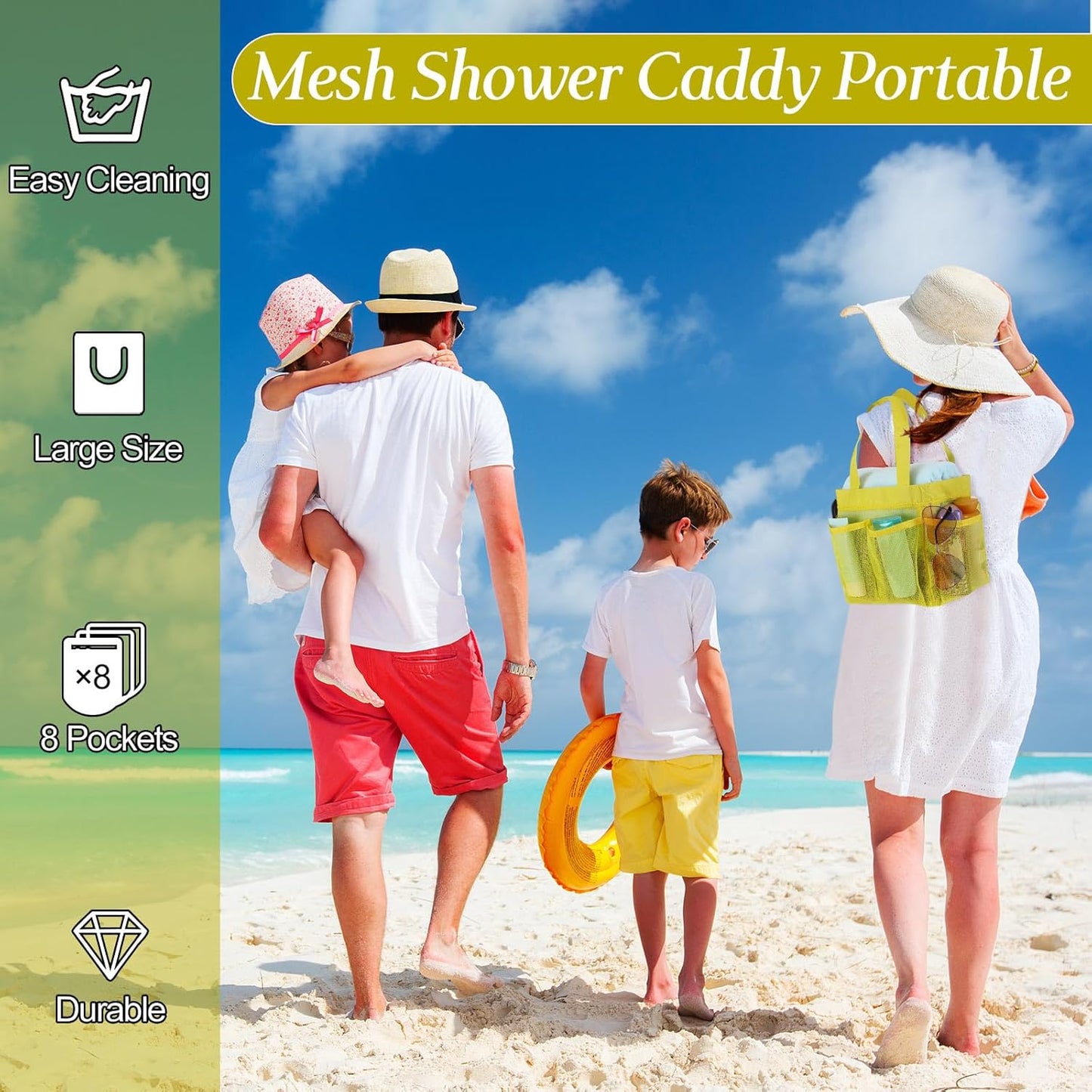 4 Packs Mesh Large Shower Caddy Portable with 8 Pockets and Handles Quick Dry Shower Bags Hanging Bath Bag Dorm Room College Essentials for Bathroom Gym Camp(Yellow)