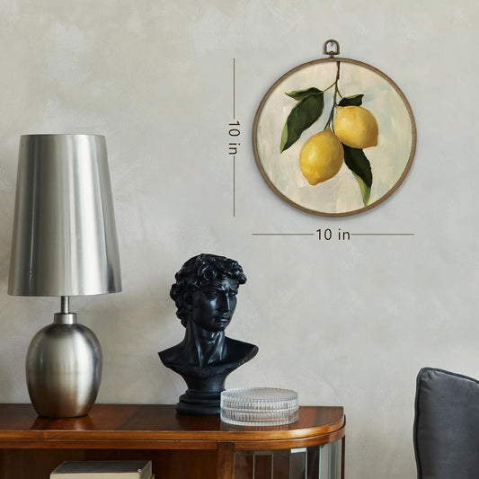 Vintage Lemon Wall Art Framed, Lemon Kitchen Decor, Summer Lemons Round Hanging Wall Decor, Minimalist Lemons Fruit Canvas Prints Art for Kitchen Bathroom Living Room, 10x10 In