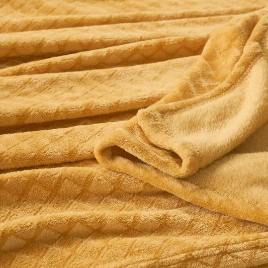 Reversible Plush Solid Sherpa Fleece Queen Throw Blanket Quilted Diamond Pattern Soft Knitted Fabric Velvety Silky Touch | All Seasons Yellow Gold Color Luxury Winter Couch Sofa Cozy