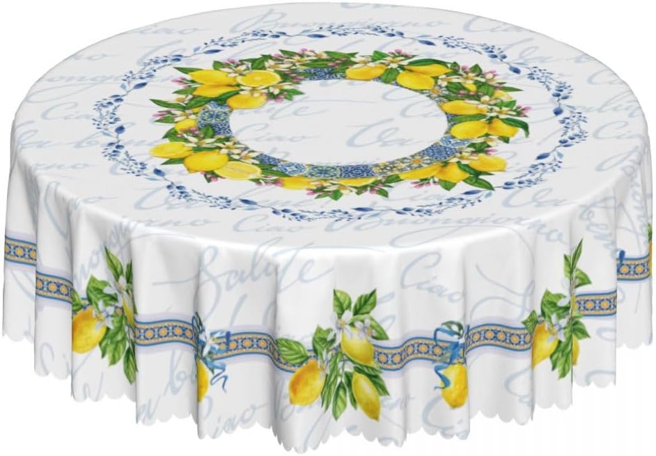 Lemon Tablecloth, Farmhouse Mediterranean Ceramic Tiles Blue Elegant Floral Water Resisitant Wipeable Table Cover for Dining Kitchen Living Room Home Party Holiday Decor 36 inch Round