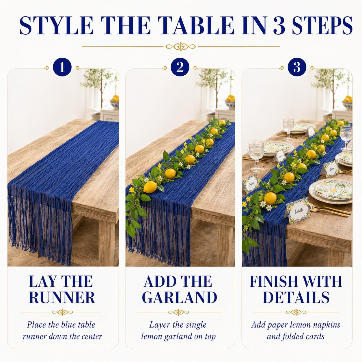 Amalfi Coast Inspired Lemon Party Decorations Set, Mediterranean Table Decor with Royal Blue Gauze Table Runner, 6.6 ft Lemon Garland, 20 Place Cards, 40 Paper Napkins for Summer Party Home Decor