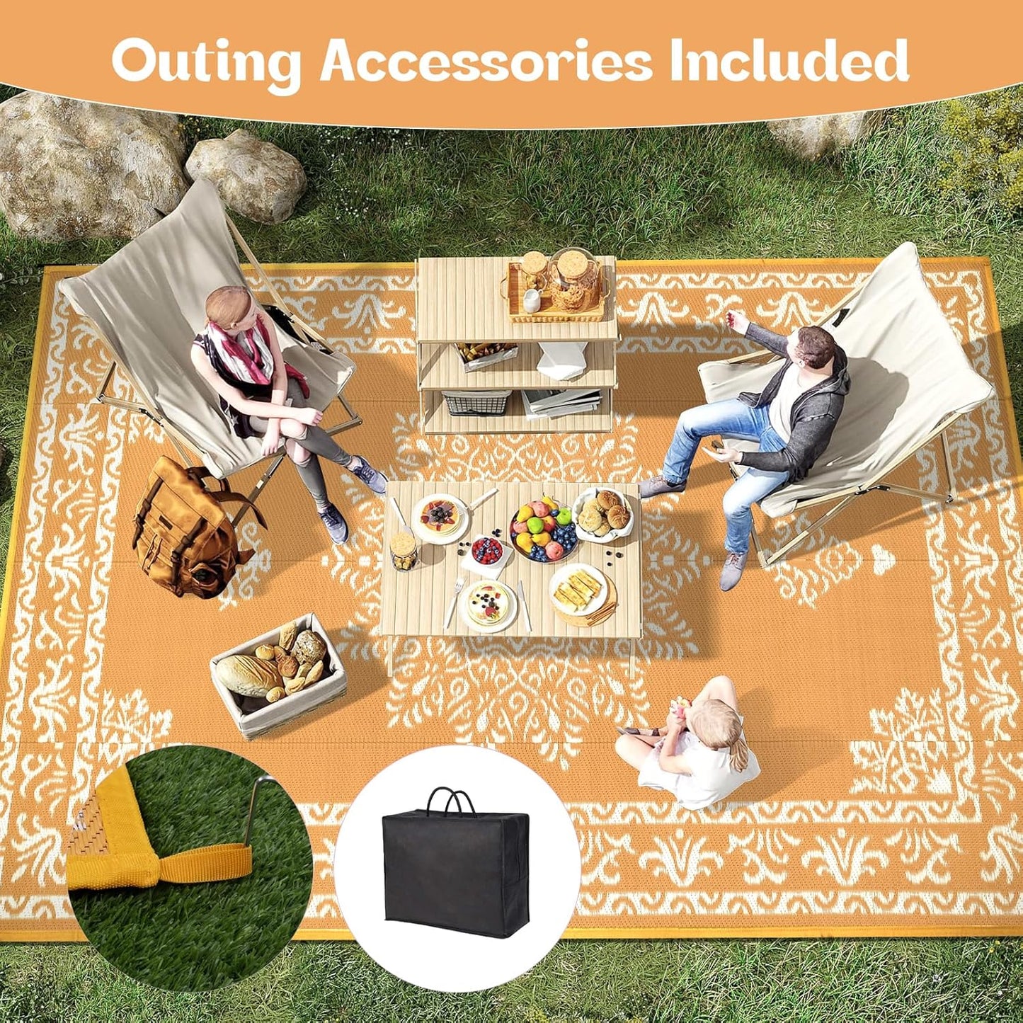 Outdoor Rug 9x12 Ft, Waterproof Plastic Straw Patio Rug, Reversible Backyard Carpet UV Resistant Portable RV Mat, Large Indoor Outdoor Rug for Patio, Porch, Deck, Balcony, Orange Yellow