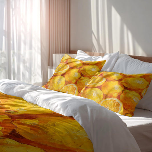 Lemons Citrus Fruit Twin Size 100% Cotton Duvet Cover Sets, Vibrant Lemon Oil Painting Bedding Set with Zipper Closure Corner Ties, 3 Pieces (1 Cover + 2 Pillowcases No Comforter)
