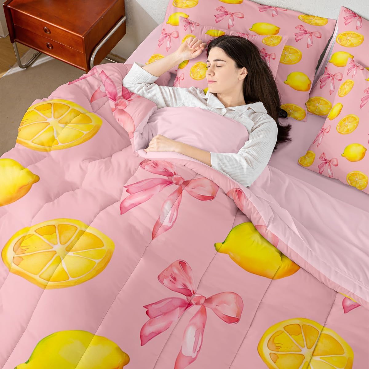 Pink Bow Kids Comforter Set with Sheets,Boys Girls Twin Size,Large Lemon 7 Piece Bedding Set,Cute Coquette Bow Knot Ultra Soft Bed in a Bag,Lemon Pattern All Season Bedroom Decor,Pink Yellow