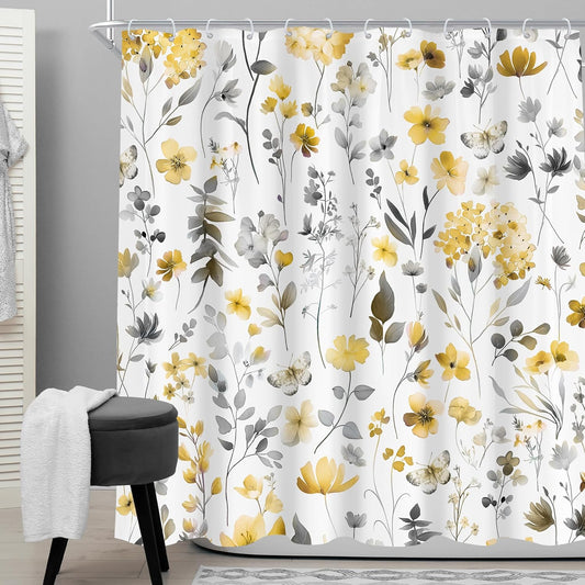 Yellow Gray Grey Flower Floral Shower Curtain,Wildflower Leaves Leaf Fabric Bathroom Curtains,Botanical Natural Watercolor Spring Summer Butterfly Cloth Shower Curtain Set with Hooks, 72Wx72H