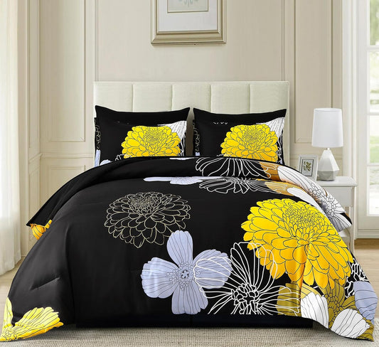 7 Pieces King Yellow Black Comforter Set Bed in a Bag Floral Bedding Set Soft Microfiber Boho Comforter (1 Comforter 1 Flat Sheet 1 Fitted Sheet 2 Pillowshams 2 Pillowcases)