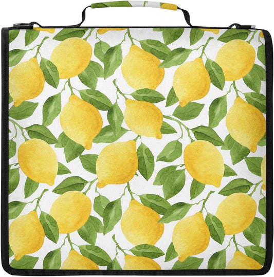 Zipper Binder Yellow Lemon Green Leaf Botanical Summer Fruit Bag with Shoulder Strap 3 Ring Binder Organizer Large Capacity Multiple Pockets for School Office