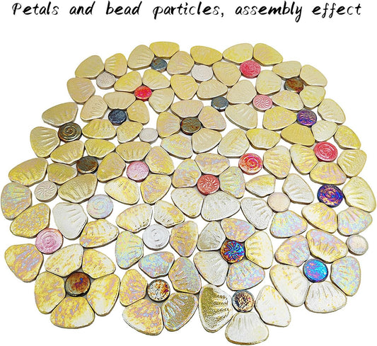 1.1lb Iridescent Flower Ceramic Mosaic Tiles for Crafts, 3 Size Flowers Porcelain Mosaic Pieces for Mosaic DIY,Plates, Flowerpots, Vases,Stepping Stones (Yellow)