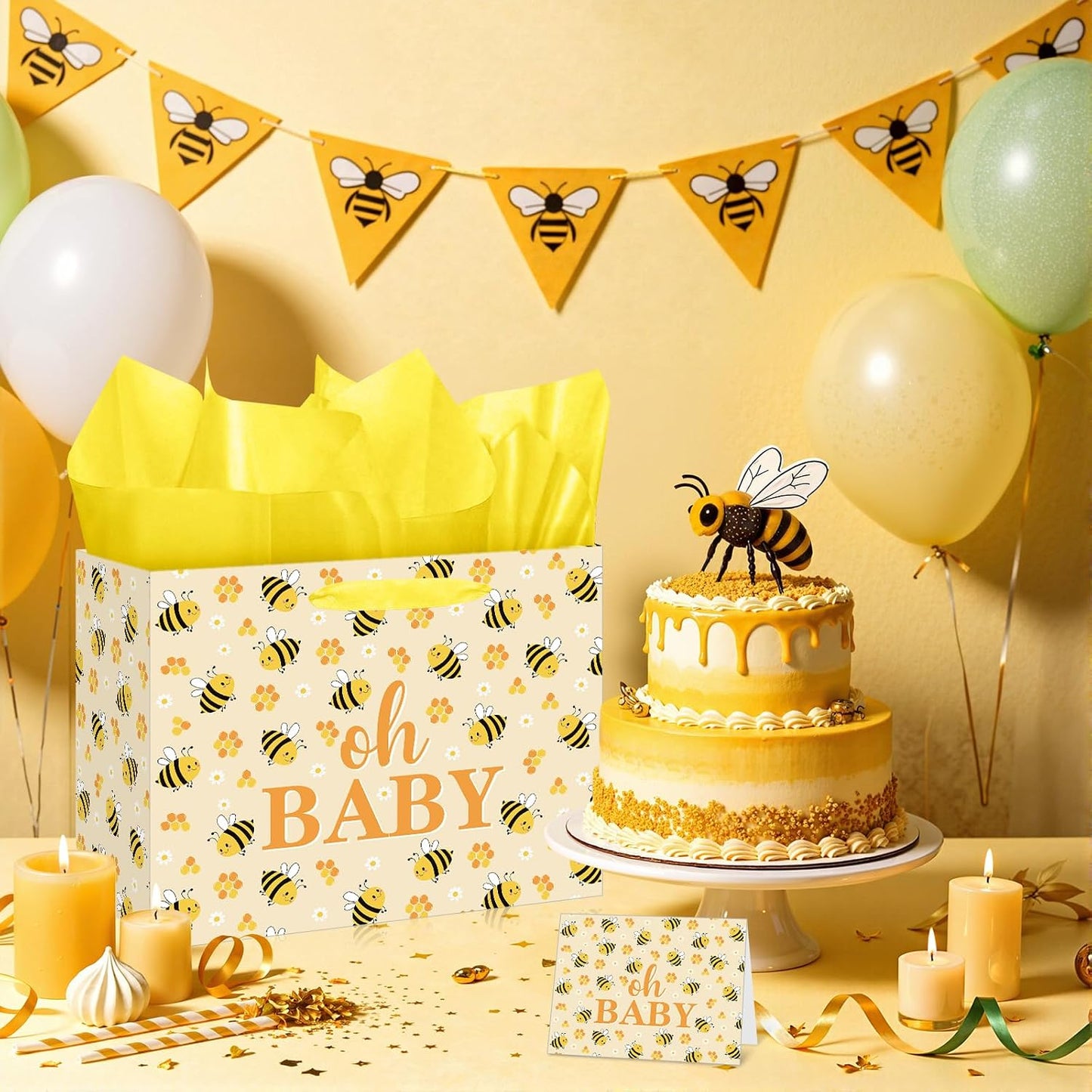 Bee Baby Gift Bag with Card Tissue Papers, Bee Baby Shower Wrapping Paper Bag Yellow Oh Baby Present Bags for Newborn Congratulations Gifts Gender Neutral Party Favors