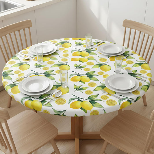 Elastic Edged Round Lemon Fitted Table Cloth Cover, Home Decorative Tablecloth for Indoor Outdoor Kitchen Party, Fits 40" - 44" Tables, Small