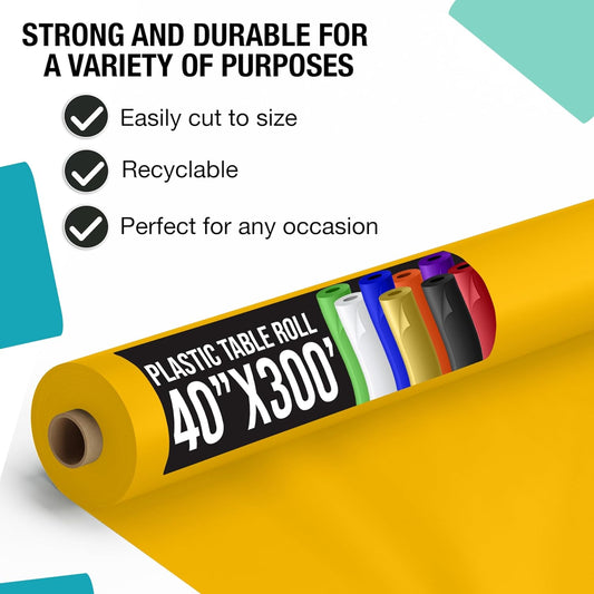 Party Solids Yellow Plastic Table Cover Roll 40" X 300' Table Cloth Plastic Cover Roll - Premium Quality Thick 0.5 MIL Banquet Rolls - Disposable Tablecloth Rolls