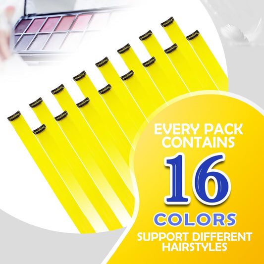 Yellow Colored Hair Extensions, Multi-colors Party Highlights Clip in Synthetic Hair Extensions, 22 inch Rainbow Hairpieces for Girls Women Favor Gift (16 PCS Yellow Hair)