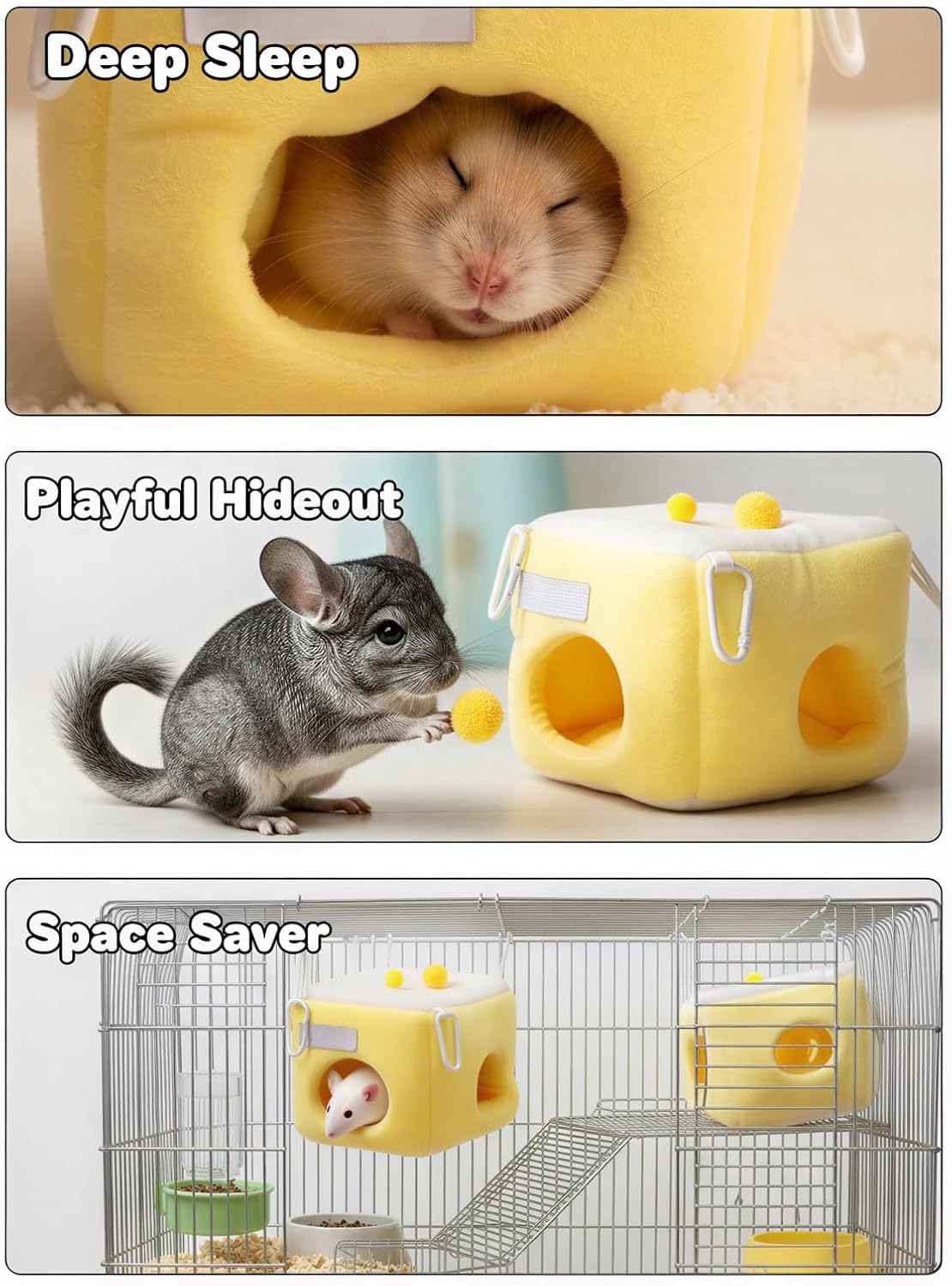 Hamster Cave Bed with Tunnel, Crystal Supreme Comfort Polyester, Hangable Warm Breathable Hideout, Yellow White Plush House for Hamsters, Guinea Pigs, Chinchillas, Ferrets, Gerbils