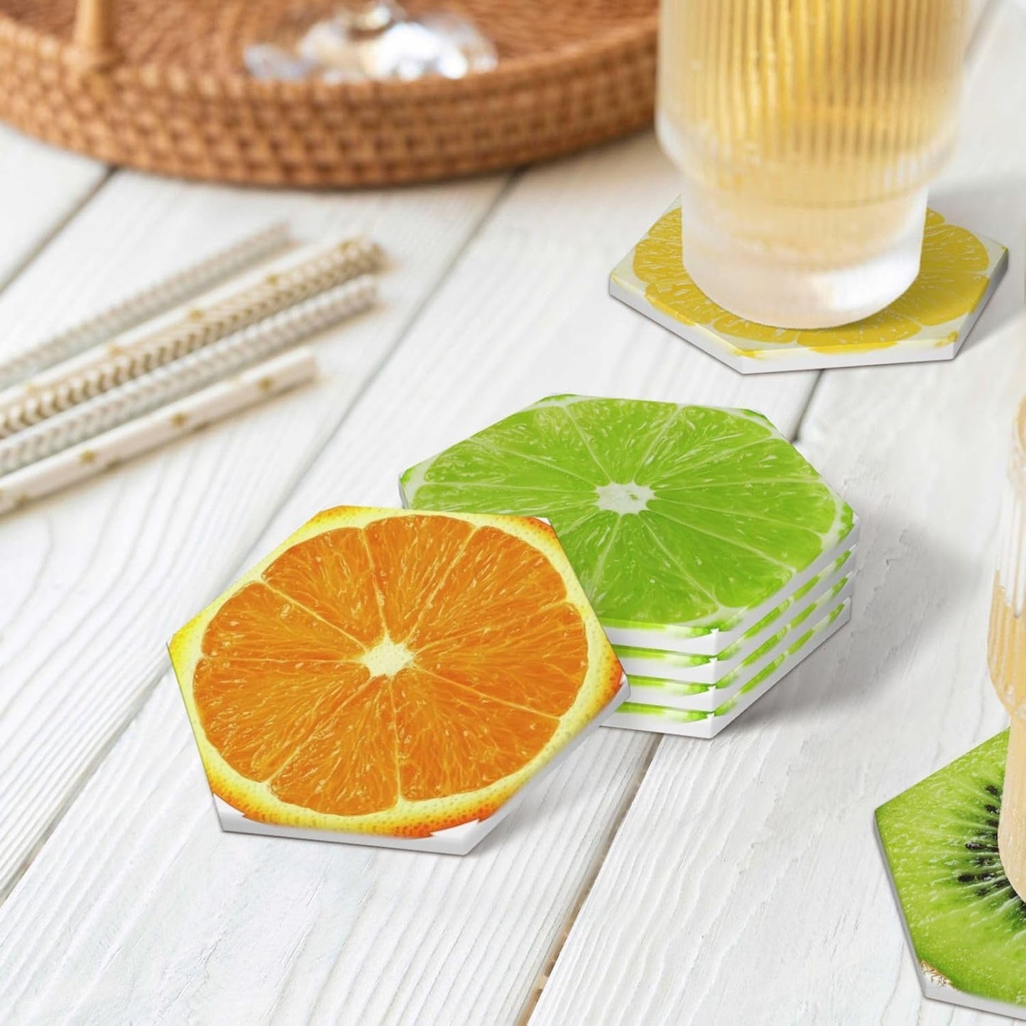 Lemon Oranges Coasters for Drinks Set of 4, Funny Fruit Ceramic Coasters with Cork Base Absorbent for Dining Tables Restaurants Cafes Home Decor,Housewarming Gift,Hexagon