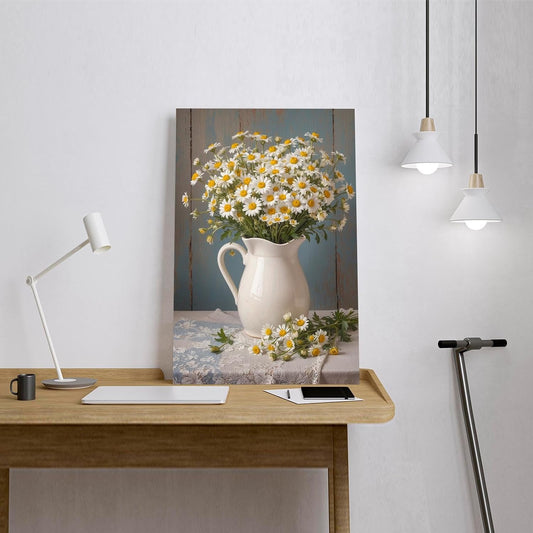 White ceramic jar canvas painting fresh daisies yellow flower heart lace tablecloth plaid blue green stems weathered wood background rustic still life vintage floral art home wall decor artwork