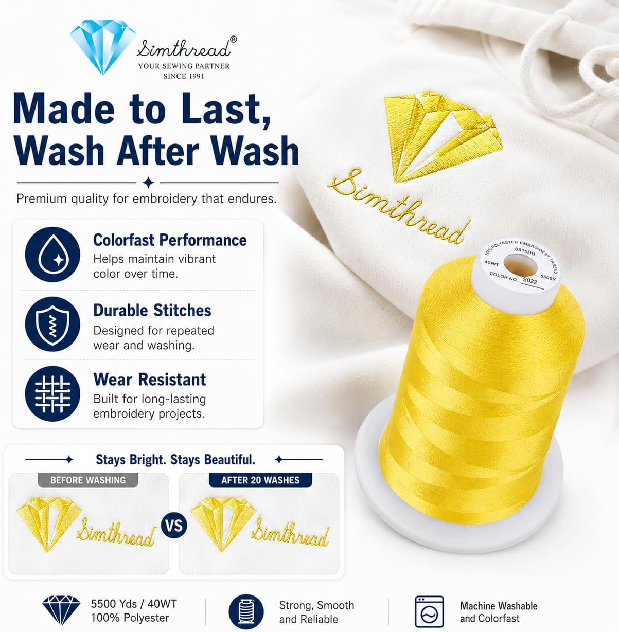 5500Yds Embroidery Thread, 5000M High-Yardage 40WT 100% Polyester Thread – 170+ Vivid Colors, High-Speed Rated – Compatible with Brother, Singer, Janome & More - Sunshine Yellow S022