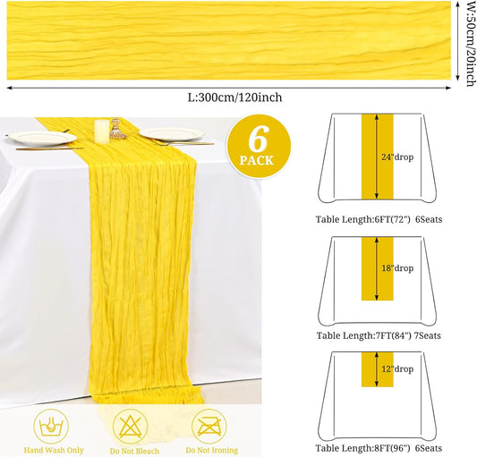 6 Pack Yellow Cheesecloth Table Runner 10FT Cheese Cloths for Wedding Decor, 20x120inch Rustic Boho Gauze Table Runners for Wedding Party Bridal Shower Table Decoration