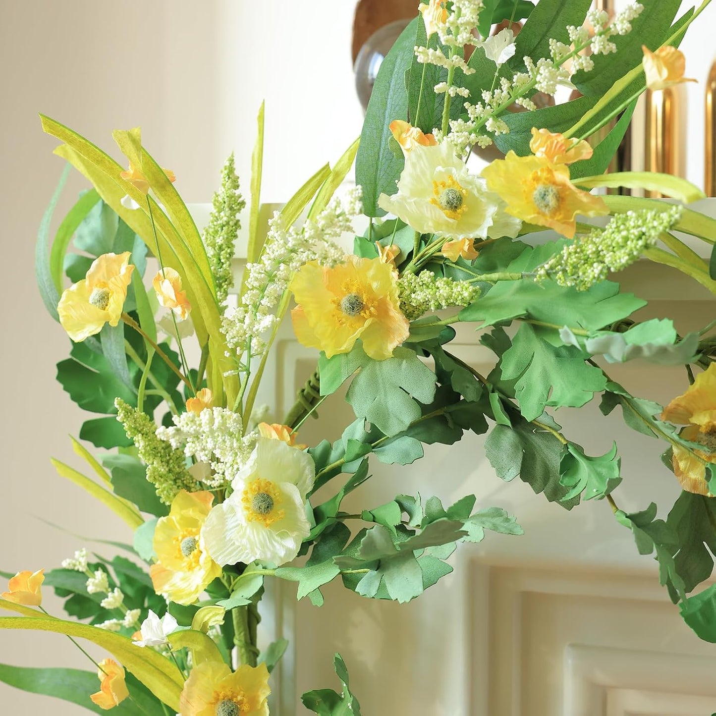 Yellow Artificial Flower Garland 6FT Fake Poppy Floral Garland Hanging Vines Spring Summer Flowers Decorations for Mantle Table Centerpieces Room Wall Fireplace Wedding Decor (Yellow)