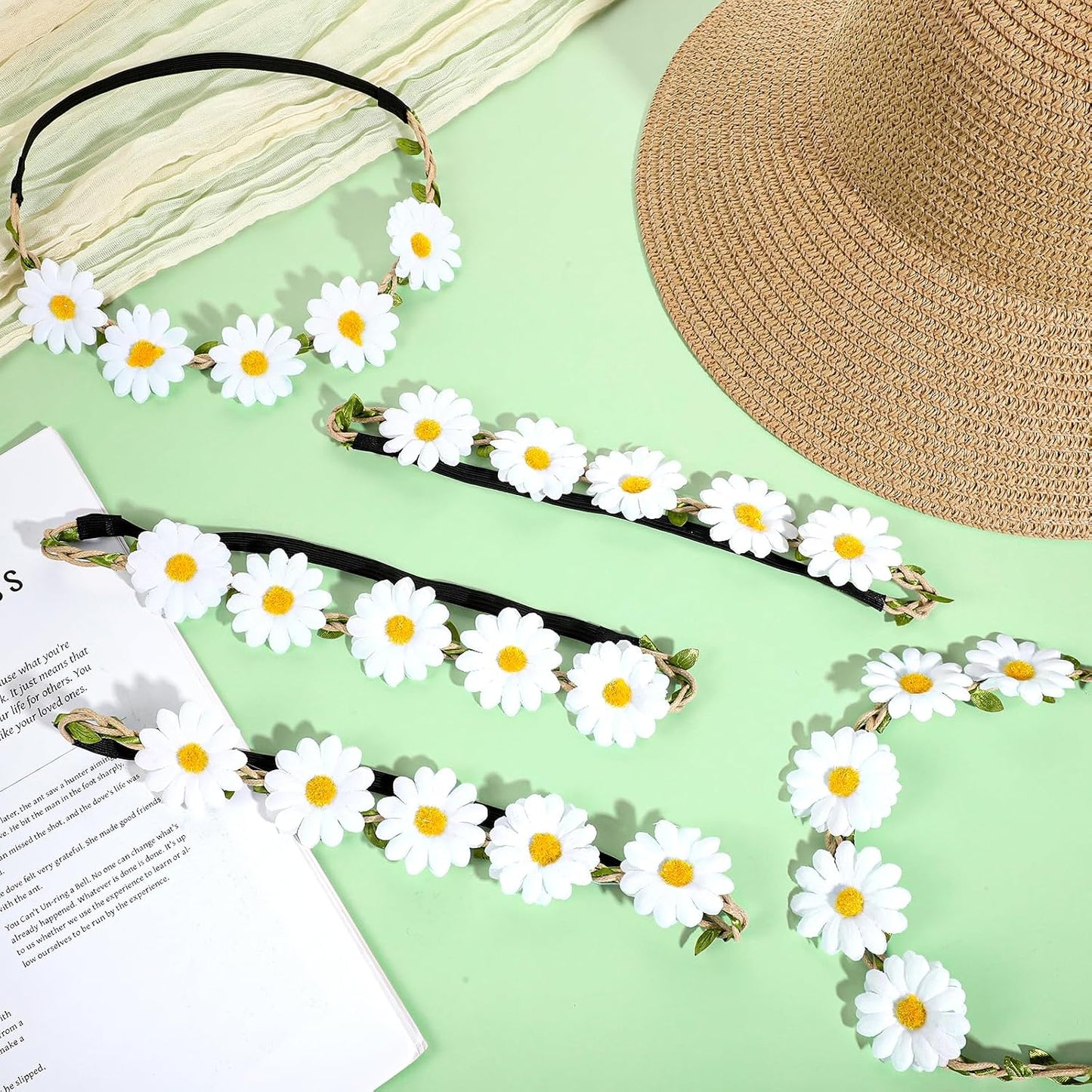 5 Pcs Daisy Flower Headband Wreath Hippie Headband Floral Crown for Women Festival Wedding Bridal Party Decorations (White/Yellow/Green)