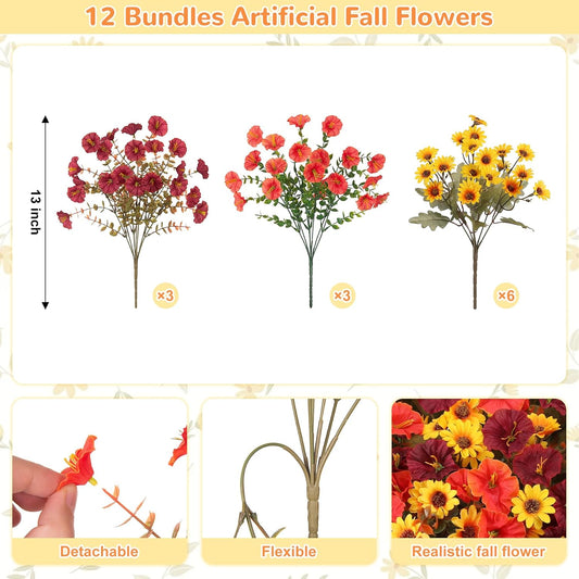 Fall Artificial Mums Flowers for Outdoor UV Resistant Fake Petunia Plants | 12PCS Faux Silk Morning Glory, Realistic Daisy for Garden Porch Front Door Window Box, Orange Brown Yellow