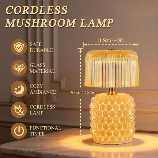 Small Battery Operated Lamp with Timer, Pearl, Yellow | Cordless, Glass, Tiny, Home Decor, Table, Shelf, Bedroom, Entryway, Kitchen, Bathroom, Birthday Gift for Women