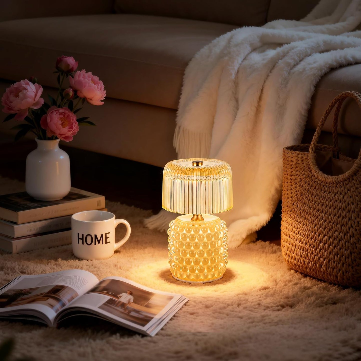 Small Battery Operated Lamp with Timer, Pearl, Yellow | Cordless, Glass, Tiny, Home Decor, Table, Shelf, Bedroom, Entryway, Kitchen, Bathroom, Birthday Gift for Women