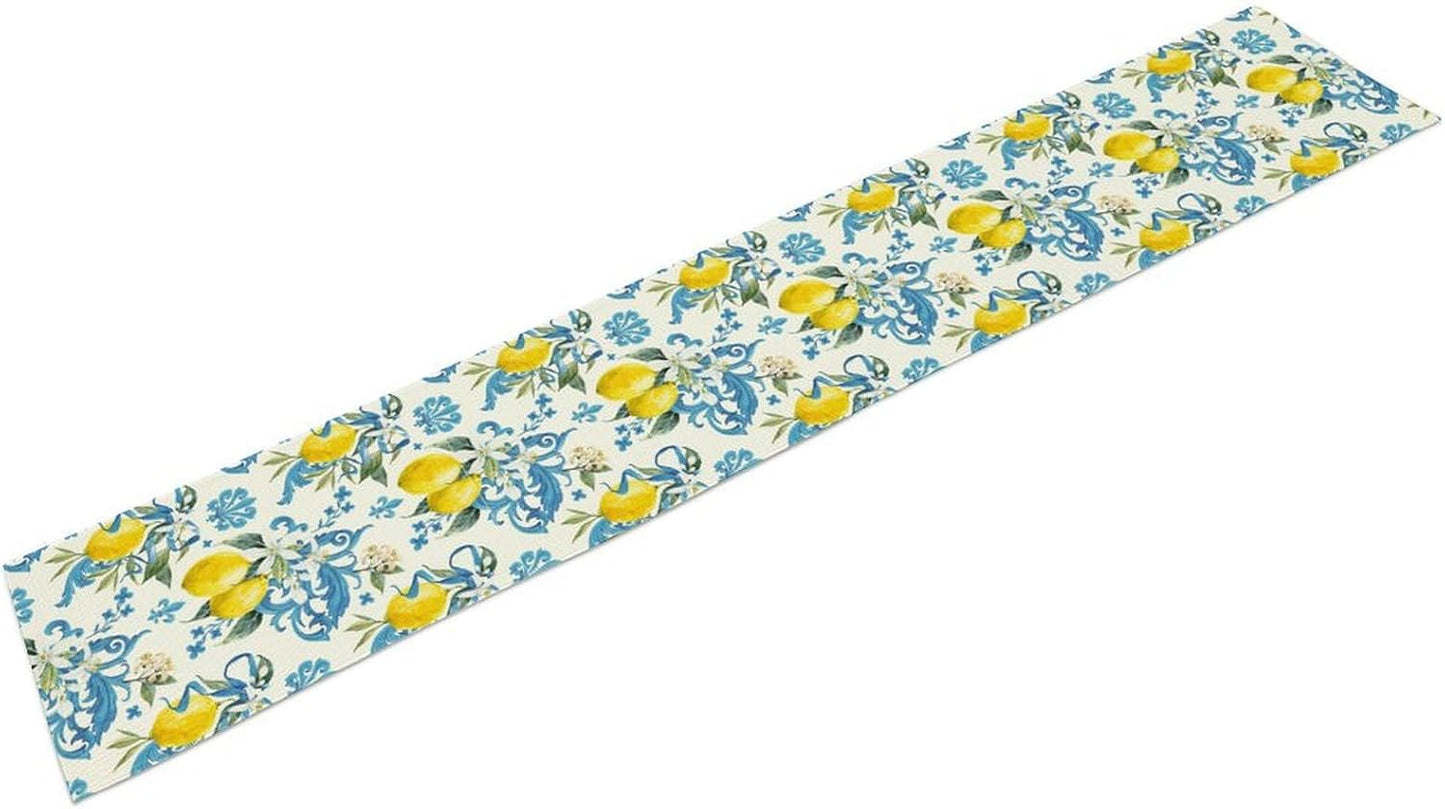 Retro Lemon Iris Table Runner, Seasonal Spring Summer Blue Yellow Fruit Theme Print Table Runner for Kitchen Dinning Table Decor Home Wedding Party Holiday, 13x36 Inch