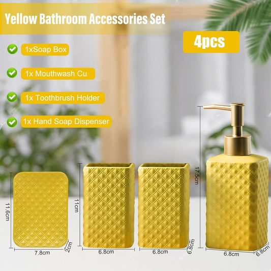 Bathroom Accessories Set, 3 or 4-Piece Ceramic Bathroom Accessory Set,Soap Dispenser,Toothbrush Holders Set,Tumbler,Soap Dish Embossed Matte Bathroom for Modern Bathrooms (Yellow 4-Piece Suit)