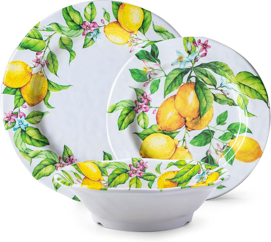 Lemon Melamine Dinnerware Dish Set – 12 Piece Indoor and Outdoor Plates and Bowls Sets for Everyday Use, Dishwasher Safe, Unbreakable Kitchen Dinner Set, Service for 4…