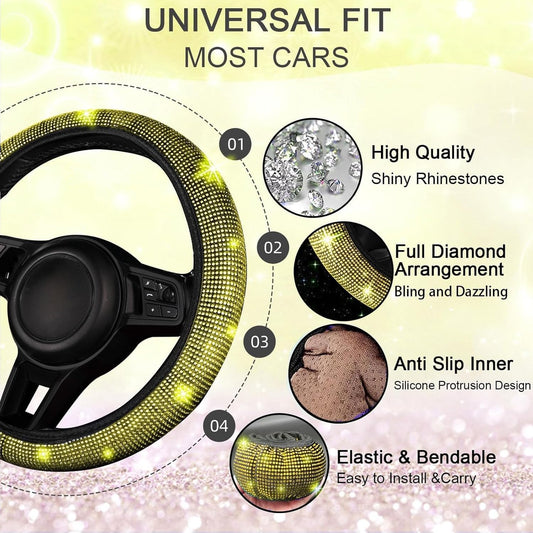 30 Pcs Yellow Bling Car Accessories Set for Women, Steering Wheel Cover Set, Bling Console Cover, Seat Belt Cushion, Shift Knob Cushion, Cup Holder Coaster, Rhinestone Car Hanging Accessories