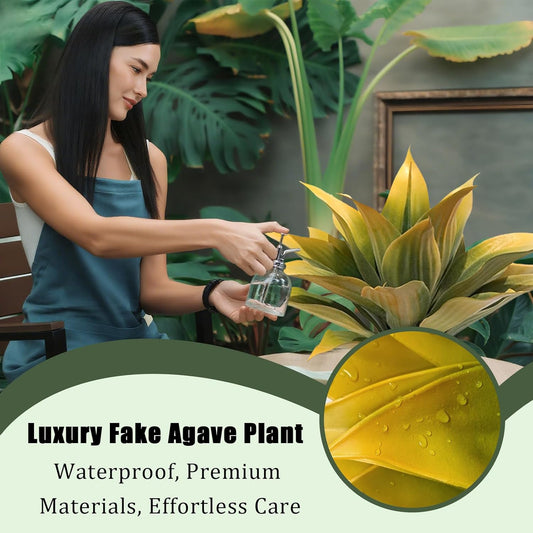 Artificial Agave Plants, Realistic UV Resistant Fake Aesthetic Plants for Outdoor Indoor, Home Decor for Garden, Porch, Doorway, Patio (2PCS, Yellow, Small)