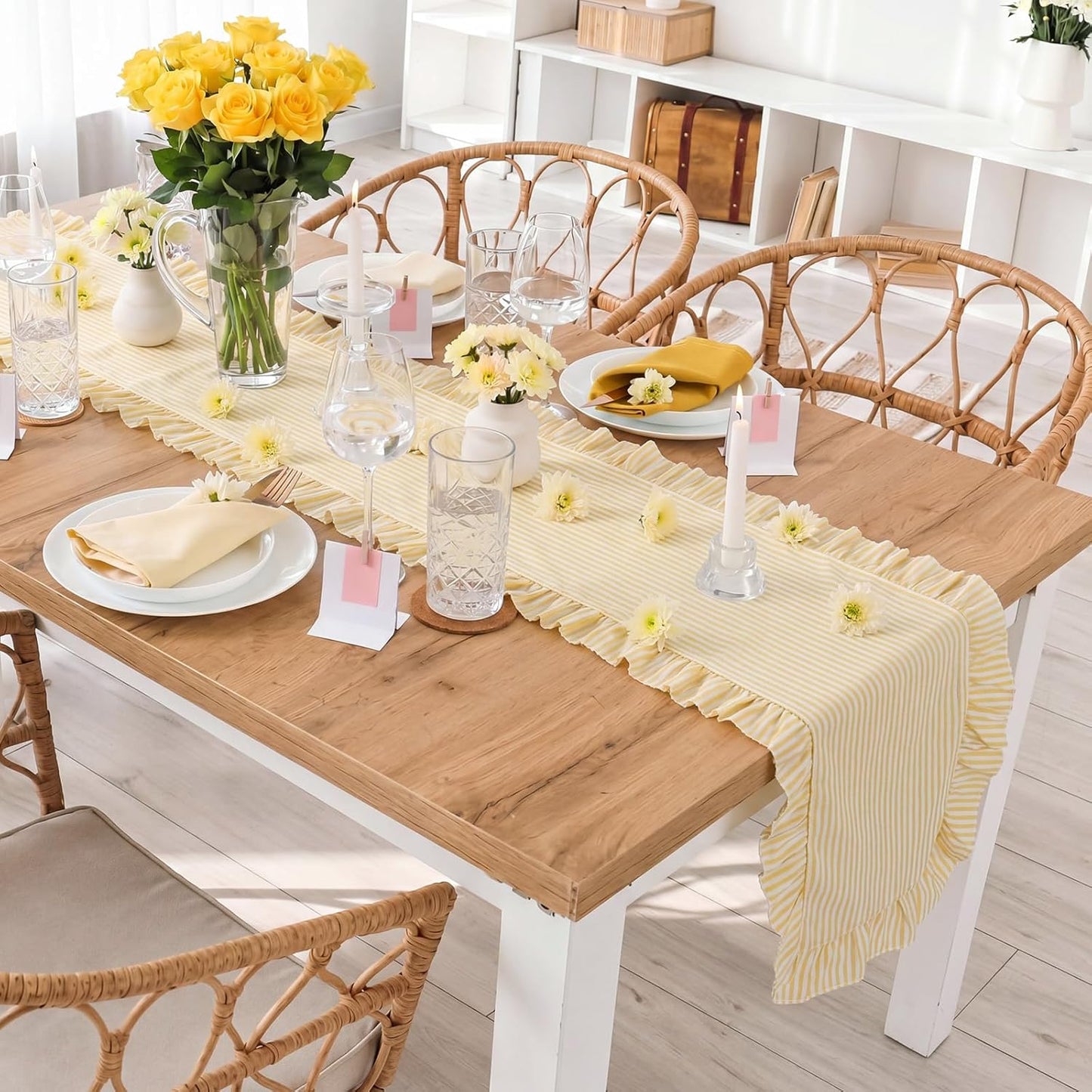 Yellow Stripe Ruffled Table Runner 72 Inches Long Scalloped Table Runner Rustic Cotton Tabletop Farmhouse Decor for Baby Shower Bride Shower Birthday Party Holiday Wedding
