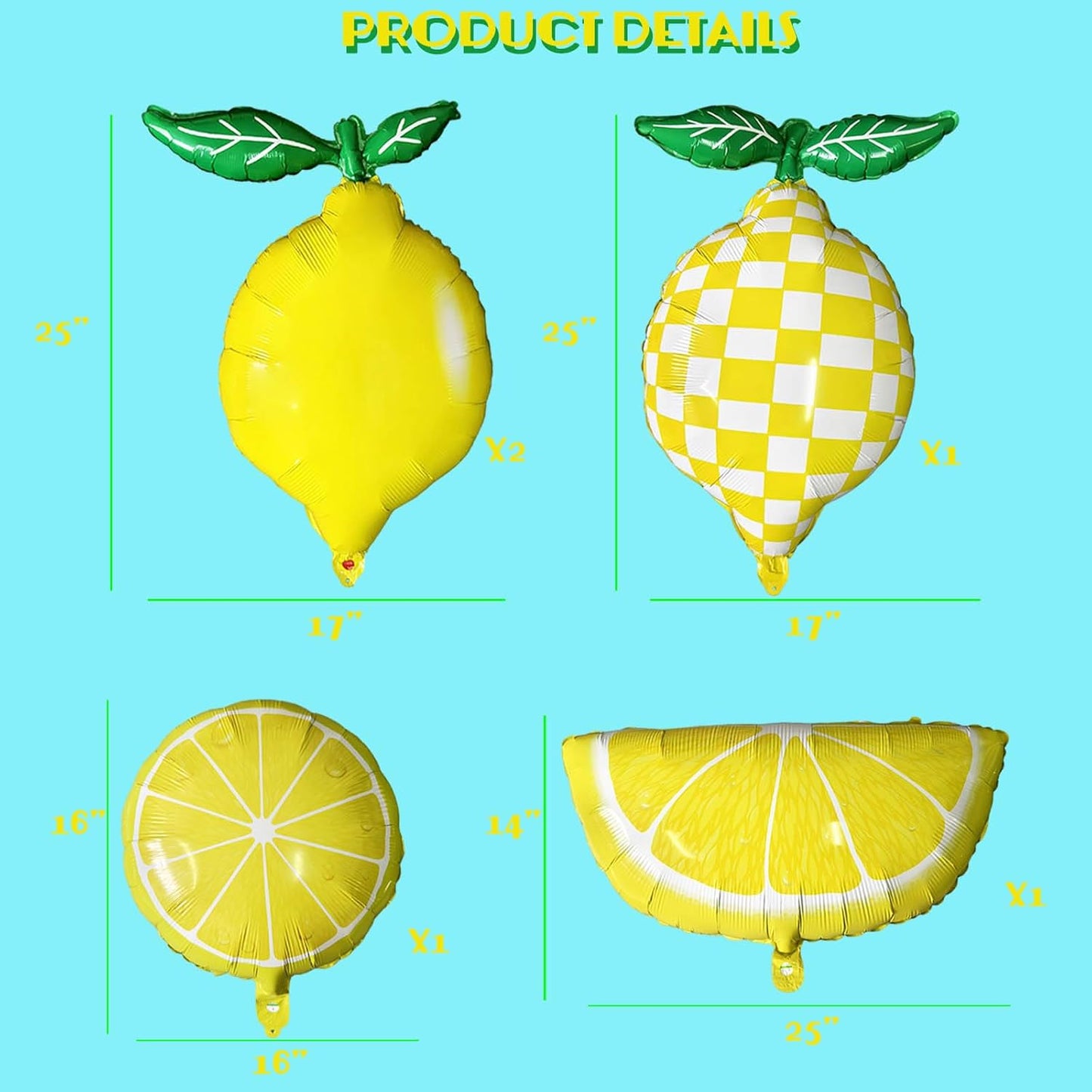 Lemon Foil Balloons 5 Pack, 25" Assorted Fruit Shaped Mylar Balloons (Solid, Plaid, Lemon Slice & Wedge), She Found Her Main Squeeze Bridal Shower Freshly Graduated Summer Party Supplies
