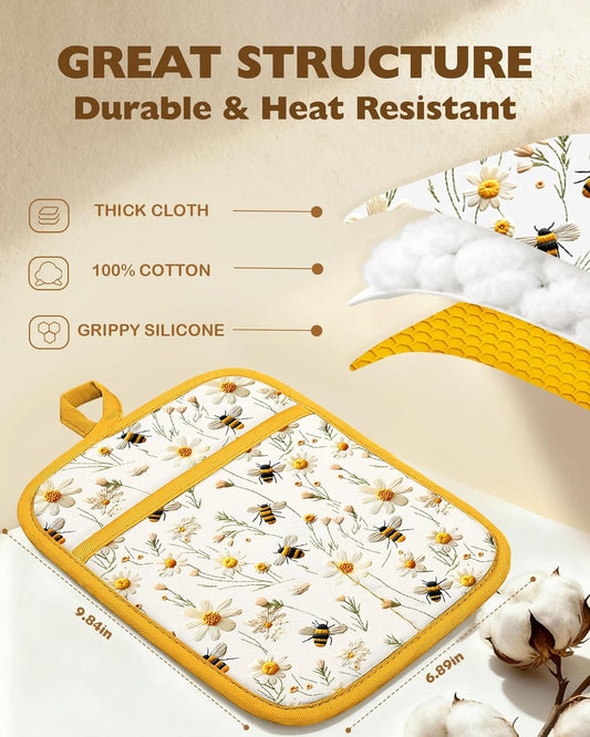 Silcone Daisy Bee Pot Holders for Kitchen - 100% Cotton Yellow Cute Oven Potholders with Pockets, Heat Resistant Square Thick Hot Pads, House New Home Baking Baker Gifts,2pack