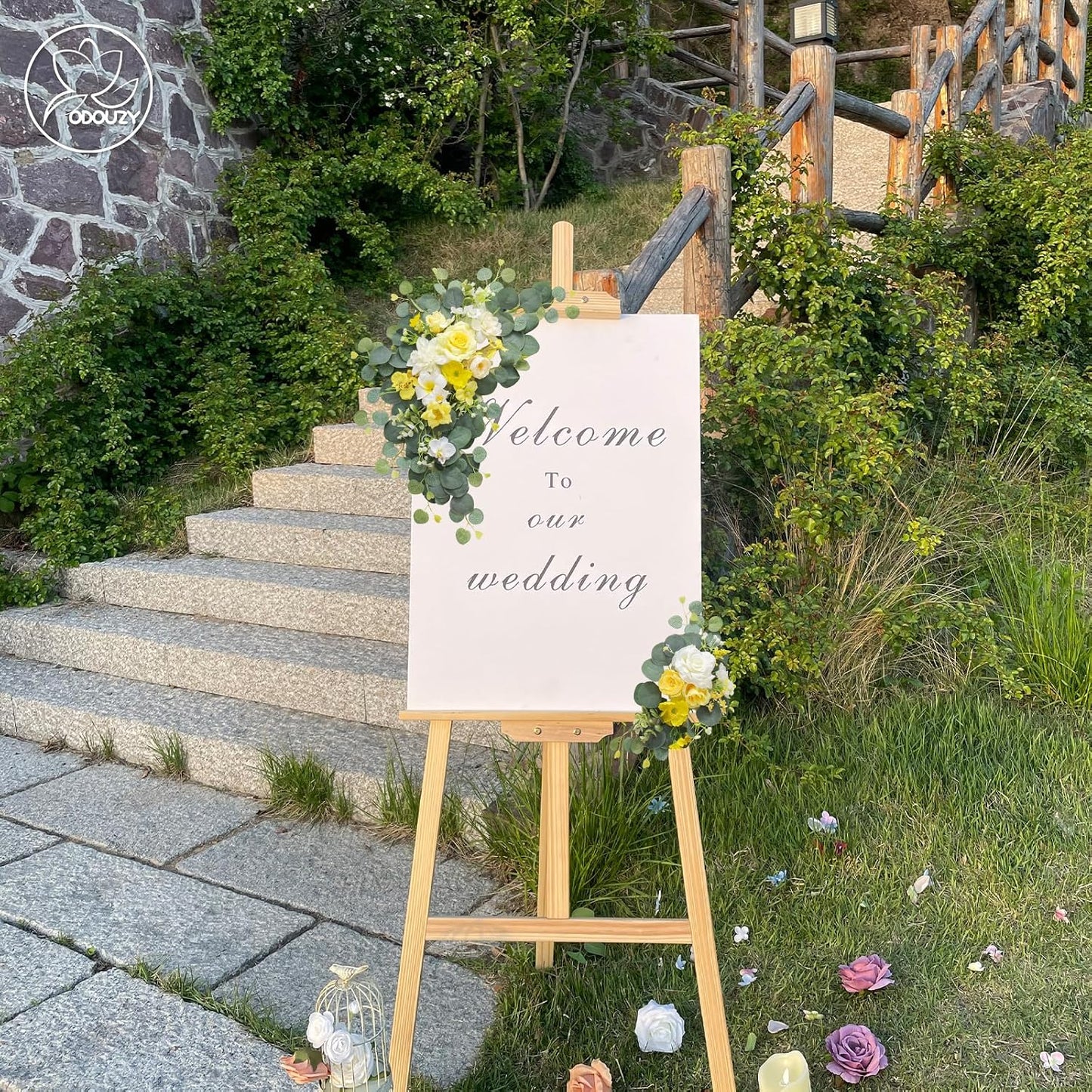 Artificial Wedding Arch Flowers for Wedding Sign,Set of 2 for Wedding Welcome Ceremony Sign,Faux Floral Swags,Wedding, Banquet and Reception Backdrop Floral Decoration (Yellow)