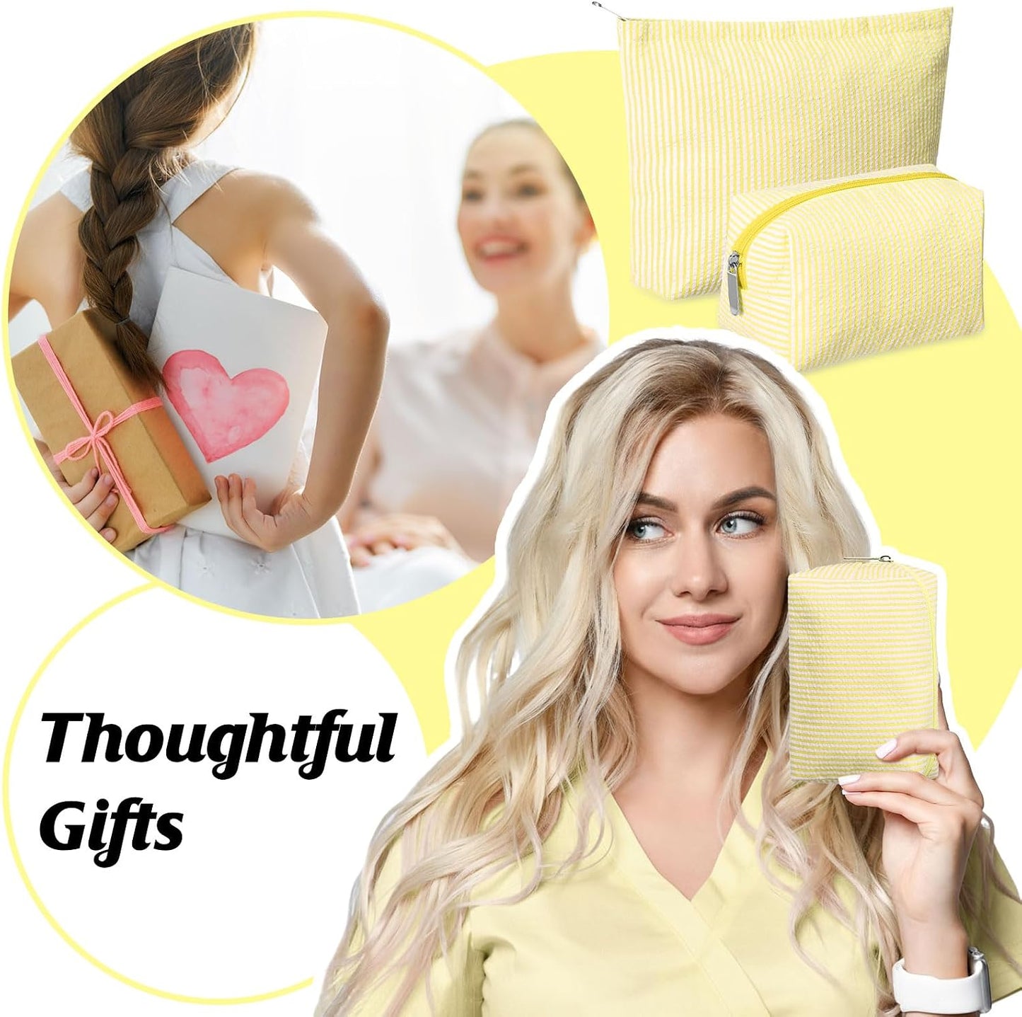 2 Pcs Makeup Bag Set Cute Cosmetic Pouch for Women Seersucker Travel Toiletry Bag Preppy Small Makeup Purse Pouch Aesthetic Skincare Brushes Storage Organizer for Valentine Women(Yellow)