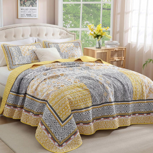 Yellow Quilt Set Queen,Bohemian Patchwork Bedspread Coverlet Set, Reversible Boho Floral Pattern Bedspreads Bedding Quilt Set for All Seasons (96"x90")