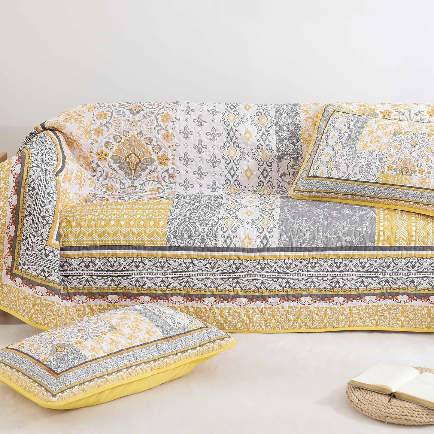 Yellow Quilt Set Queen,Bohemian Patchwork Bedspread Coverlet Set, Reversible Boho Floral Pattern Bedspreads Bedding Quilt Set for All Seasons (96"x90")