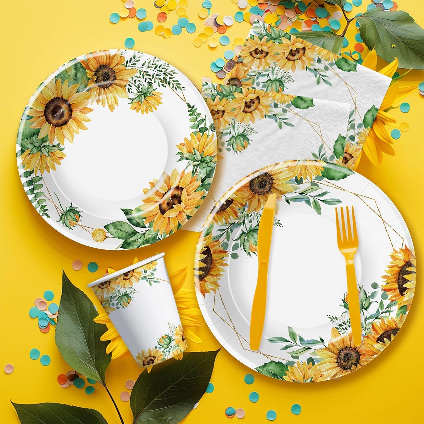 Sunflower Plates And Napkins Decorations for Birthday Bridal Shower | Sunflower Party Supplies, Disposable Paper Plate, Cup, Napkin, Cutlery, for Sunflower Party Decorations Tableware, Serves 24