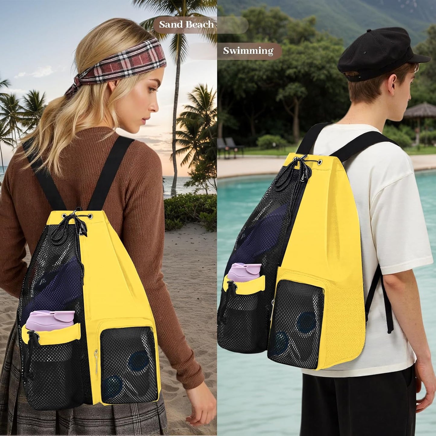 Beach Backpack with Wet Pocket Drawstring Mesh Beach Bag Waterproof Swimming Pool Backpack for Men and Women