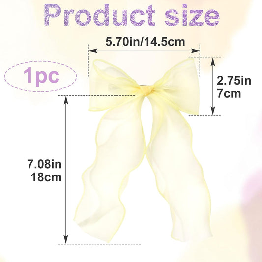 1Pc Large Hair Bow Clips, Yellow Silk Yarn Ribbon Bow Hair Barrette | HairClips for Women, Elegant Long Tail Bowknot French Hair Accessories for Wedding, Parties, Festivals - Style 4