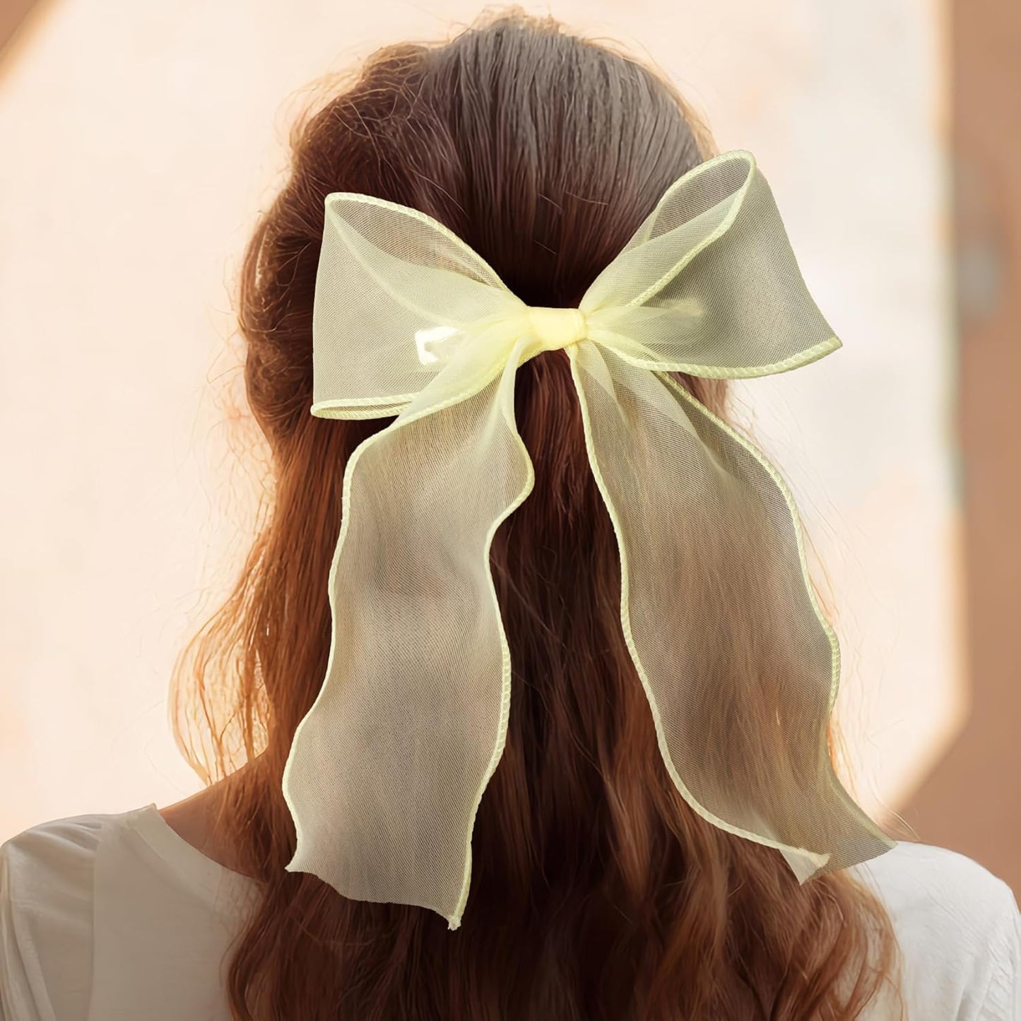 1Pc Large Hair Bow Clips, Yellow Silk Yarn Ribbon Bow Hair Barrette | HairClips for Women, Elegant Long Tail Bowknot French Hair Accessories for Wedding, Parties, Festivals - Style 4