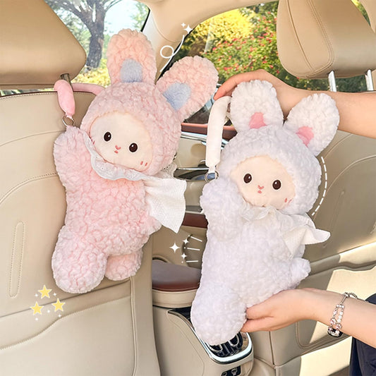 Car Tissue Holder Plush Animal Paper Towel Box Cute Rabbit Hanging Backseat Organizer for Cars Adorable Decorative Tissue Dispenser (Yellow Rabbit)