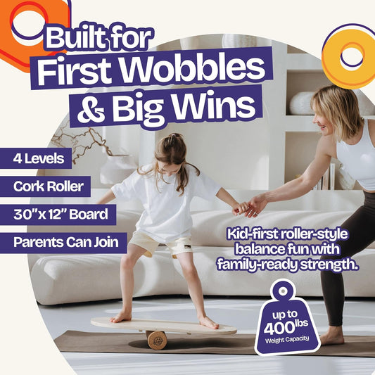 Balance Board for Kids with Cork Roller, 30" x 12" Wooden Balance Board, 4 Adjustable Levels, 400 lb Capacity, Progressive Balance Trainer for Kids, Parents & Family Play