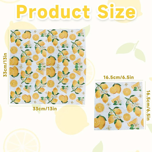 40pcs Lemon Paper Napkins, 6.5x6.5 Inch Yellow Citrus Disposable Napkins for Lemon Themed Party, Tiles Lemons Napkin Decor for Kitchen Bathroom, Lemons Paper Placemats Supplies
